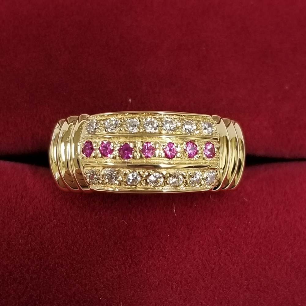 18k Solid Gold Simulated Ruby & Cz Ladies Ring - image 1